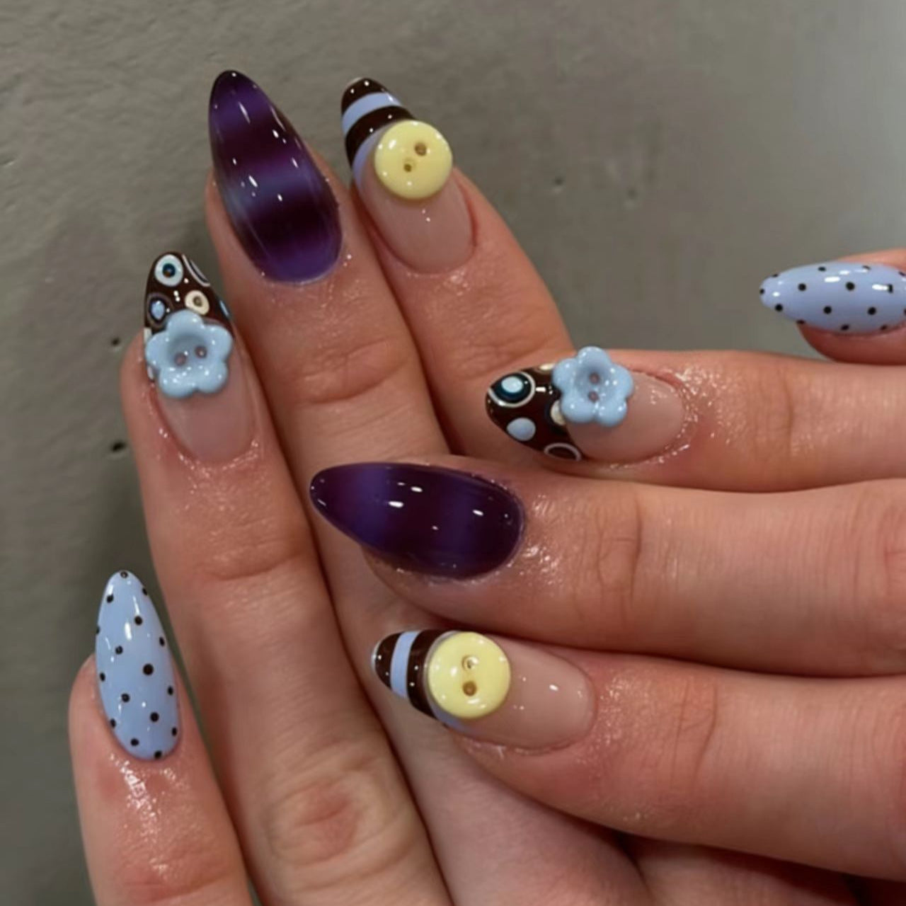 Whimsical Elegance Medium Stiletto Purple and Blue Floral Press On Nail Set