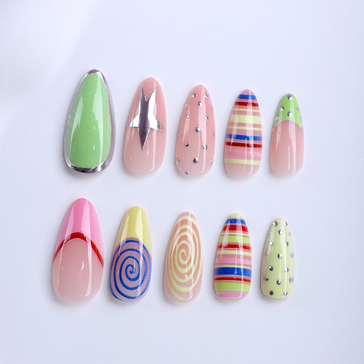 Whimsical Dreams Medium Almond Green and Pink Abstract Pattern Press On Nail Set