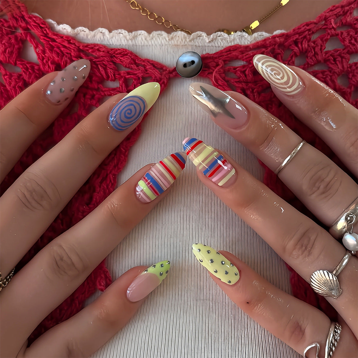 Vibrant Abstract Medium Stiletto Yellow with Swirls and Glitter Accent Press On Nail Set