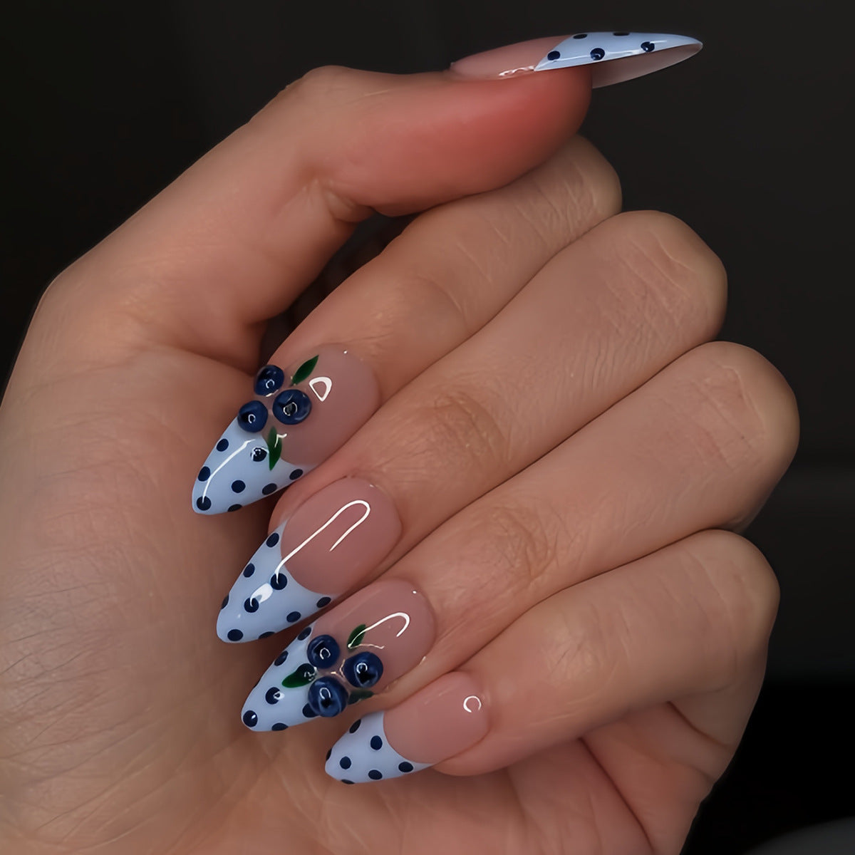 Whimsical Floral Elegance Medium Almond Blue Polka Dot with Rose Design Press On Nail Set