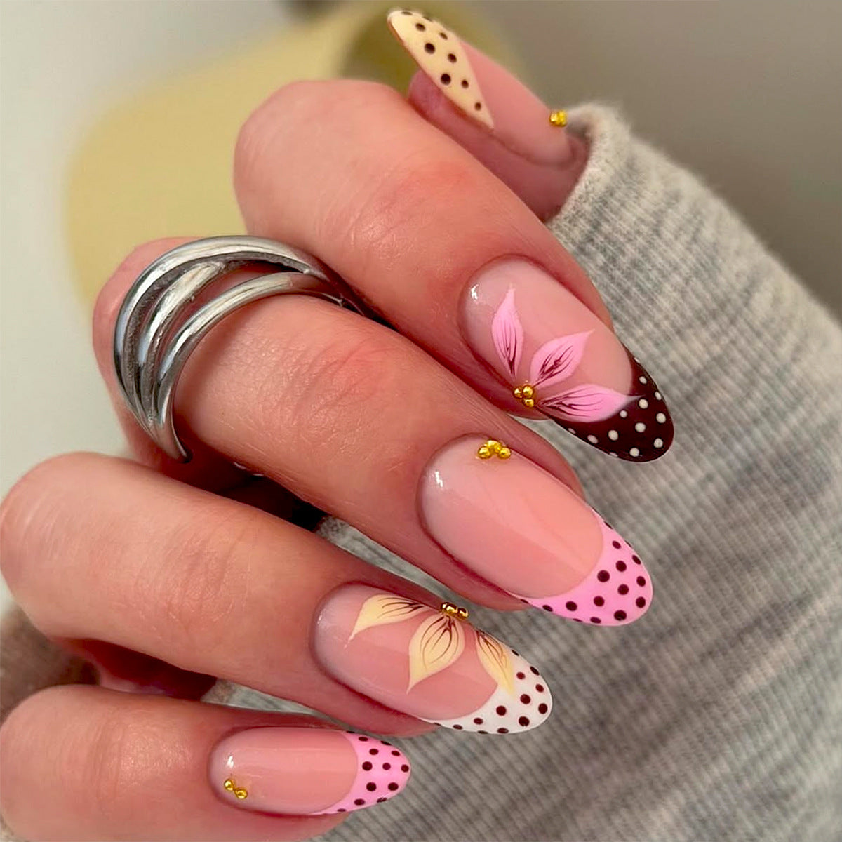 Charming Floral Medium Almond Pink and Brown Polka Dot Design Press On Nail Set