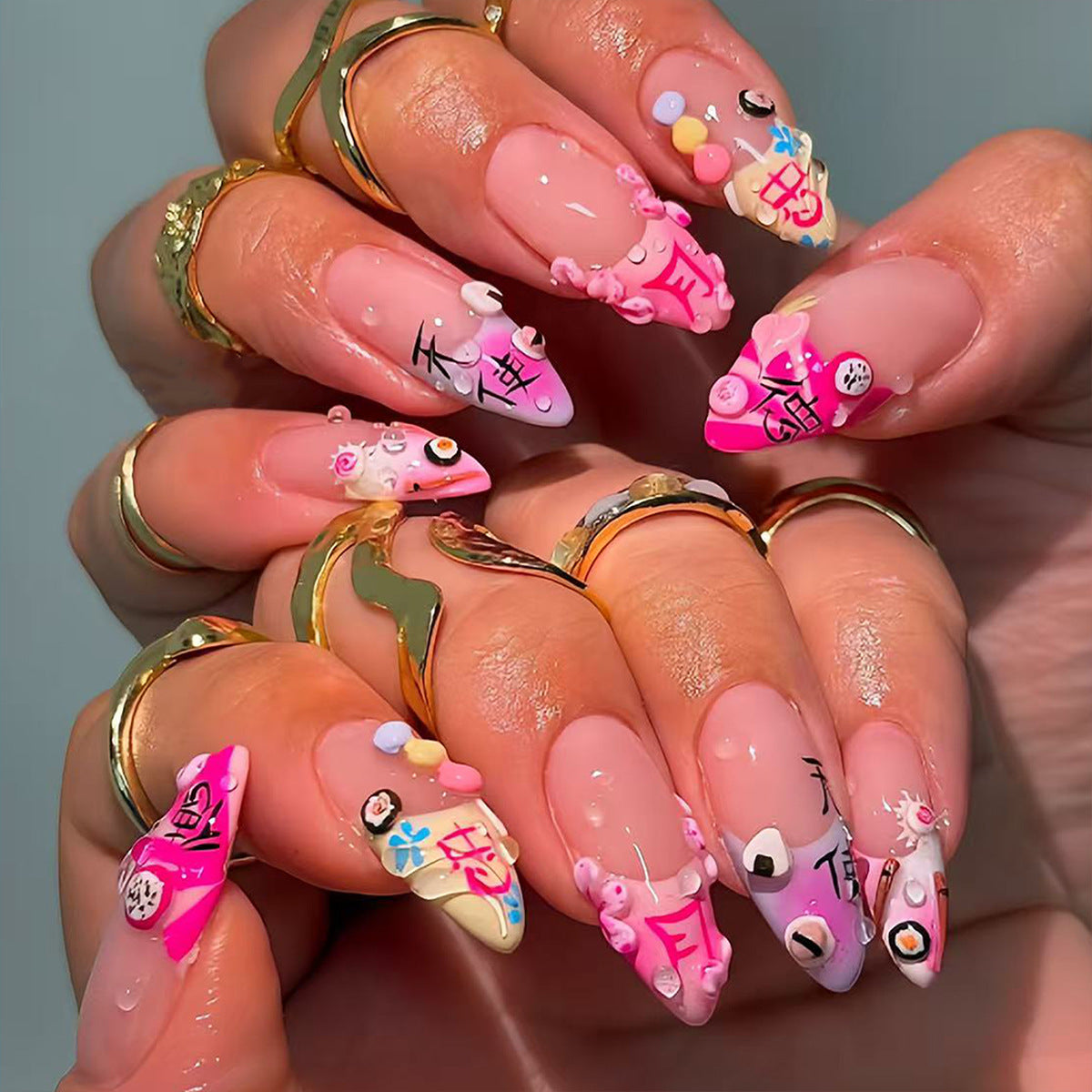 Candyland Dream Medium Stiletto Pink Nail Set with Whimsical Decorations