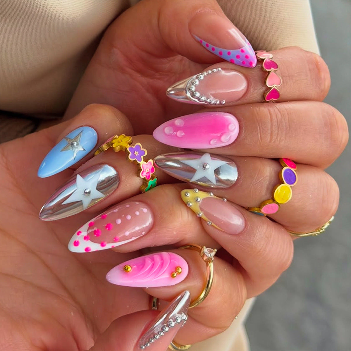 Whimsical Dream Medium Stiletto Pink and Blue Nail Set with Star Accents