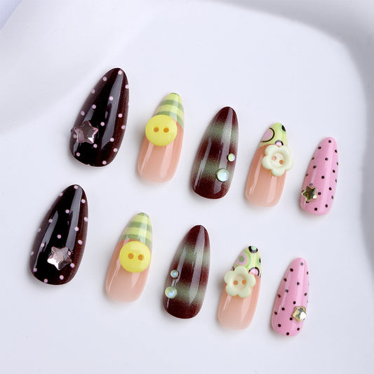 Whimsical Charm Medium Almond Multicolored Press On Nail Set with Unique Decorative Accents