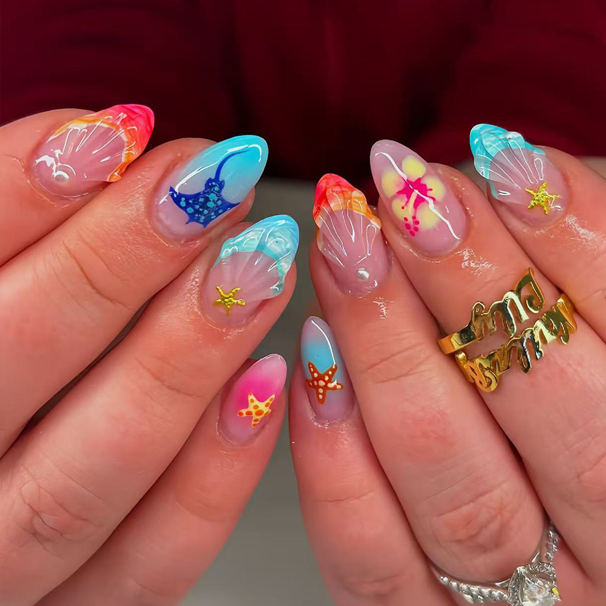 Ocean Breeze Medium Almond Multicolor with Seashell and Starfish Design Press On Nail Set