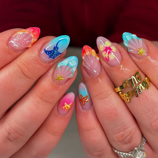 Ocean Breeze Medium Almond Multicolor with Seashell and Starfish Design Press On Nail Set