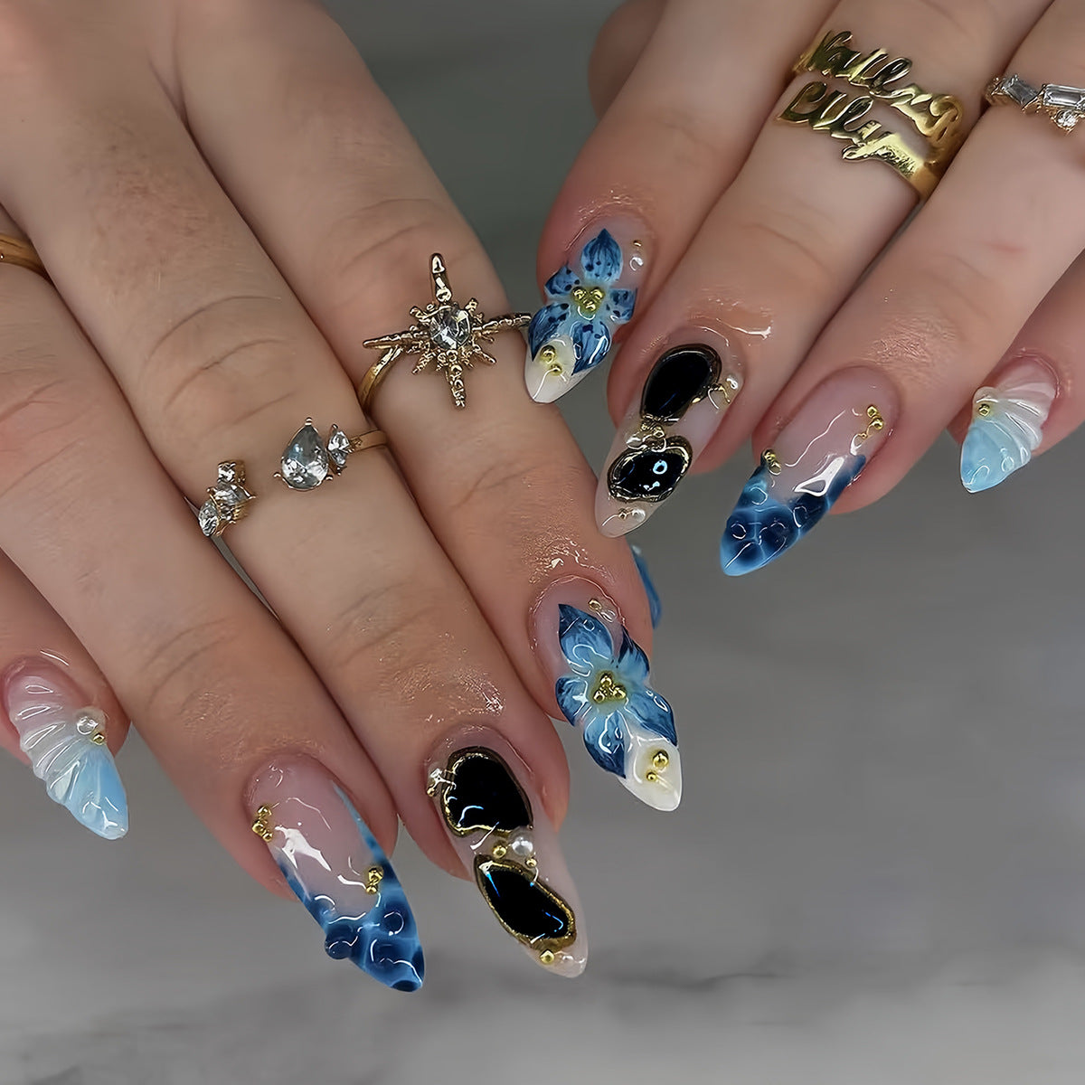 Ocean Breeze Medium Almond Blue Floral Press on Nail Set with Glamorous Gold Accents