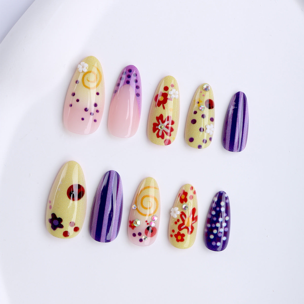 Floral Fantasy Medium Almond Yellow with Dazzling Gem Accents Press On Nail Set