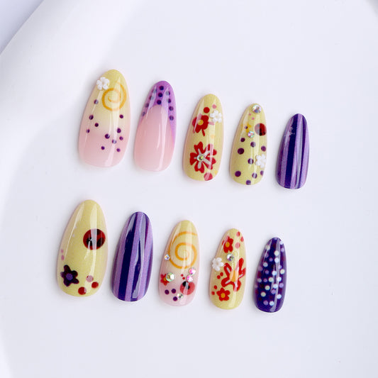 Floral Fantasy Medium Almond Yellow with Dazzling Gem Accents Press On Nail Set