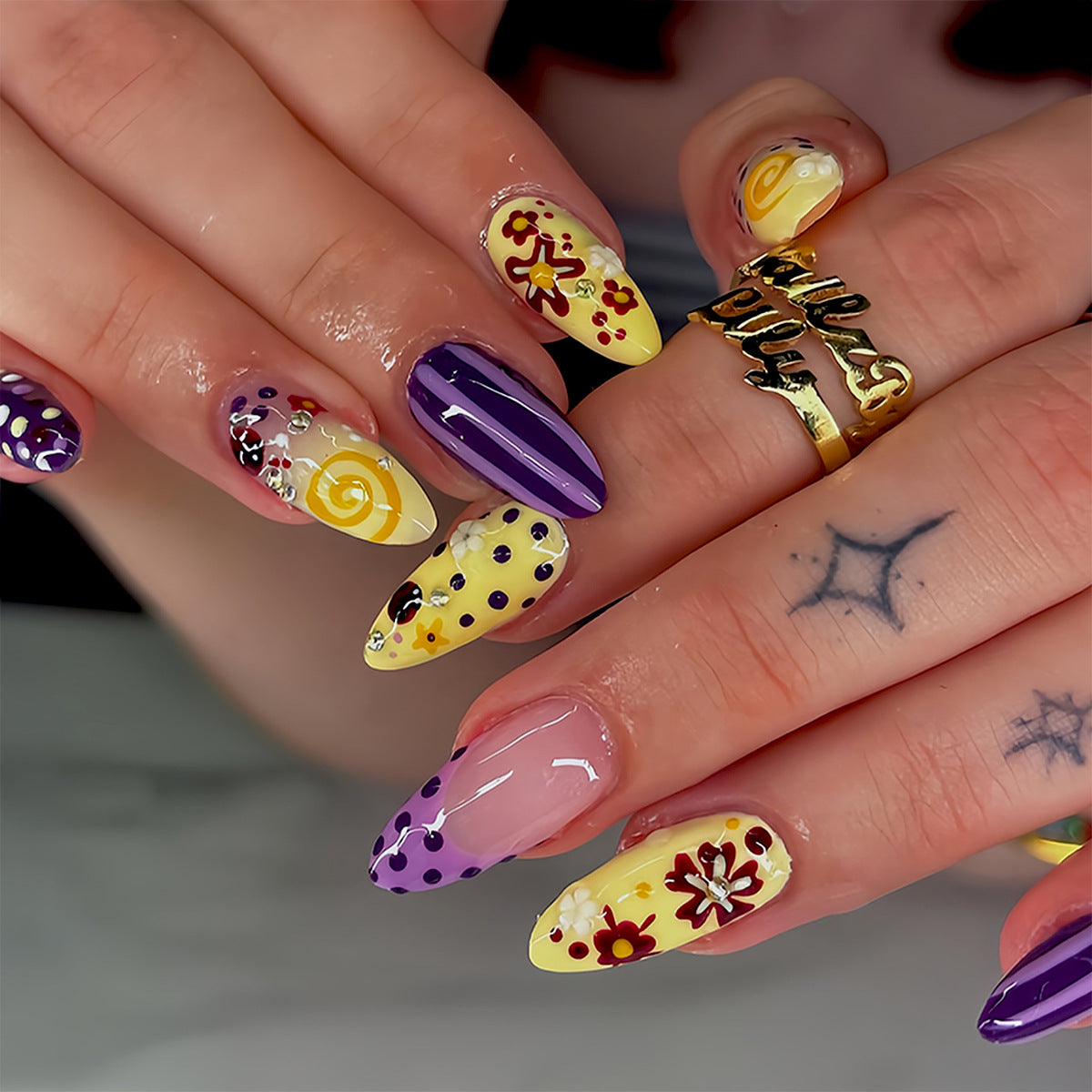Bohemian Chic Medium Almond Purple and Yellow Floral Design Press On Nail Set