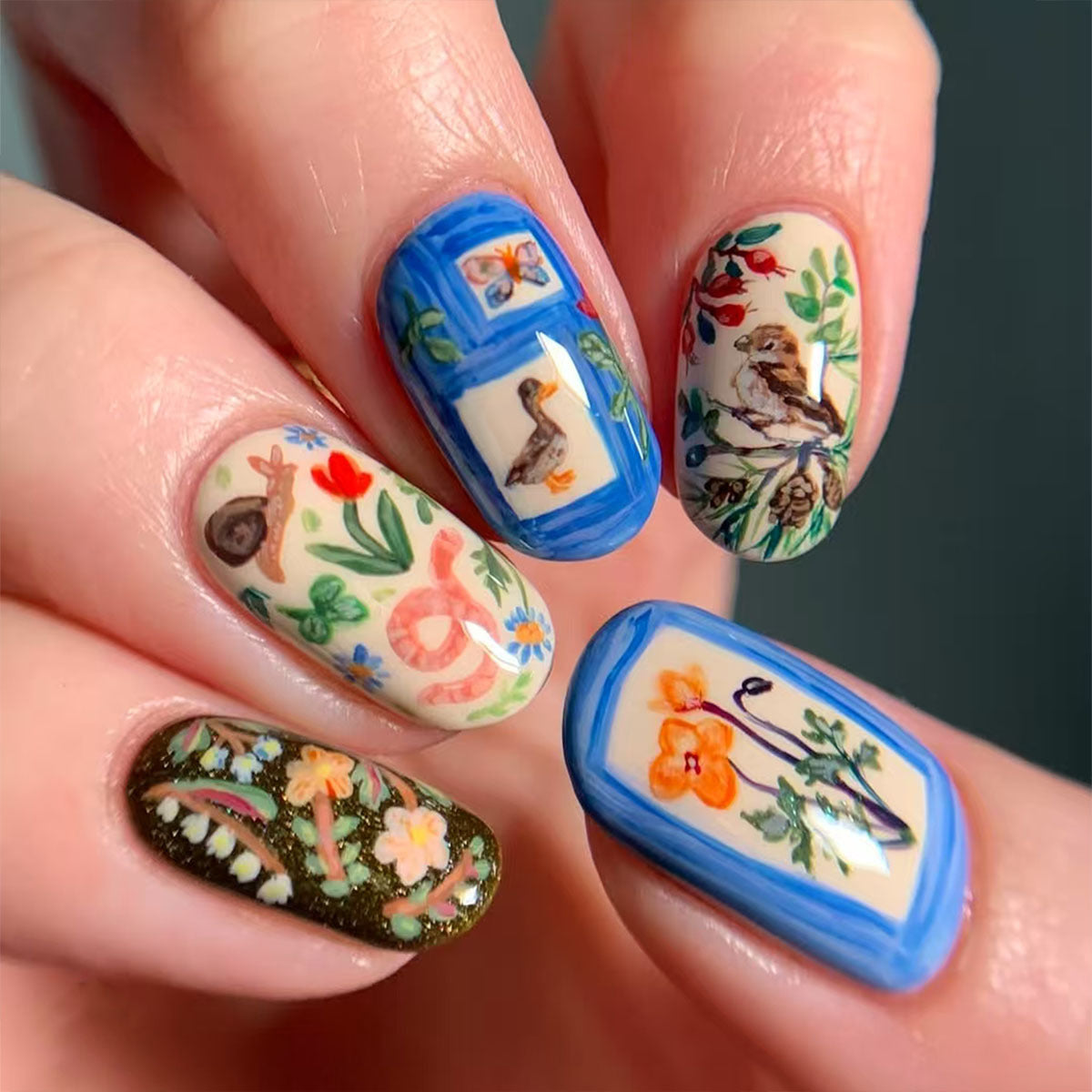 Whimsical Garden Short Oval Vibrant Floral Nail Art Set