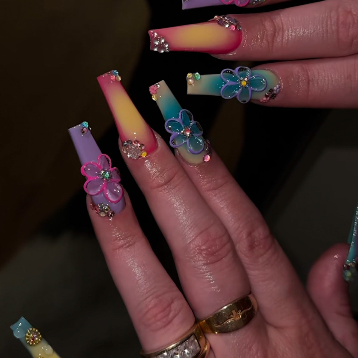 Bohemian Romance Long Coffin Multicolored Floral Design Press on Nail Set
