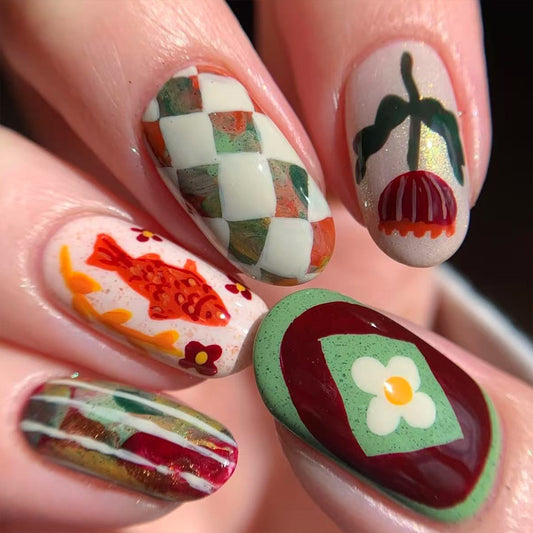 Whimsical Garden Short Almond Multicolored Decorative Nail Set