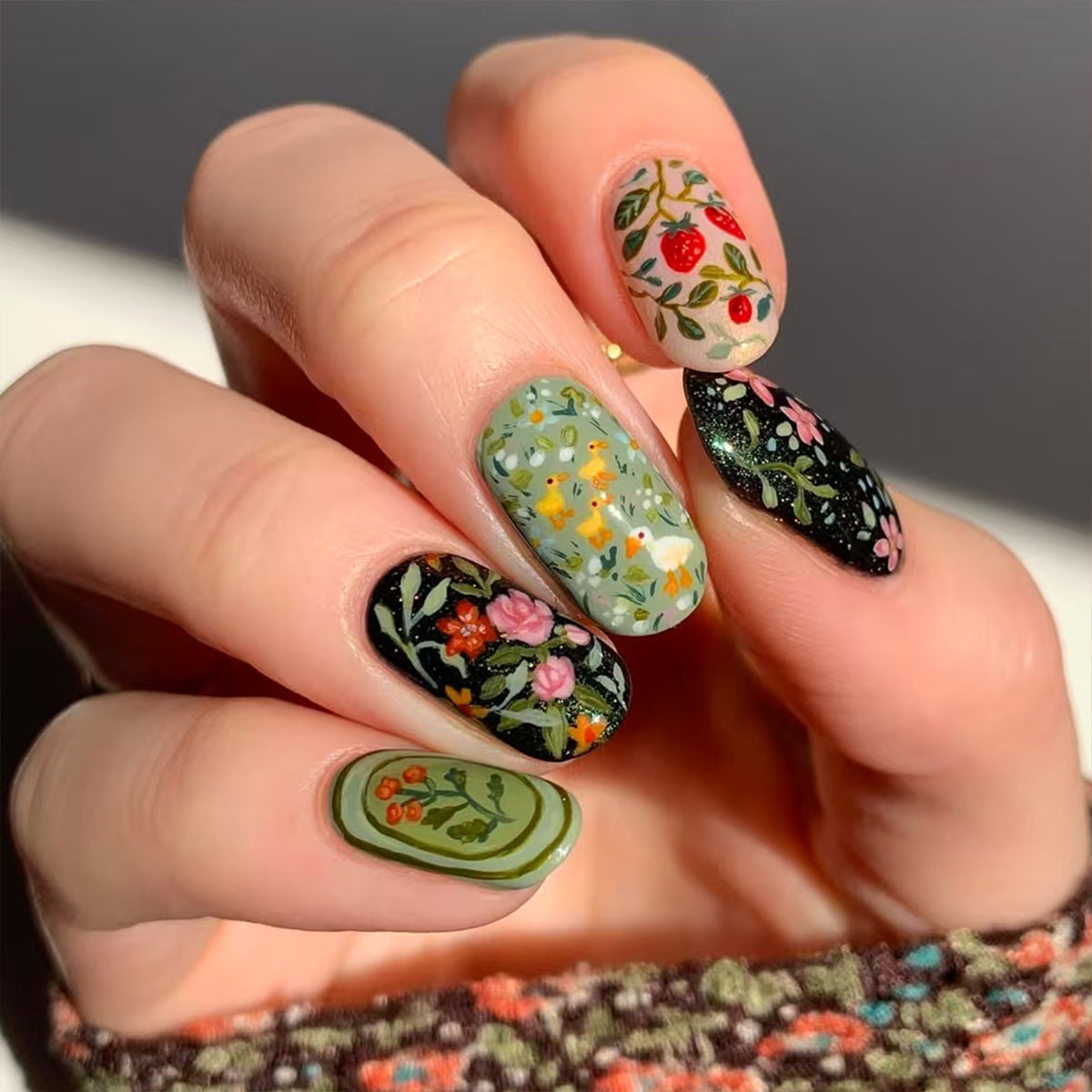 Floral Fantasy Short Squoval Green with Vibrant Hand-Painted Designs