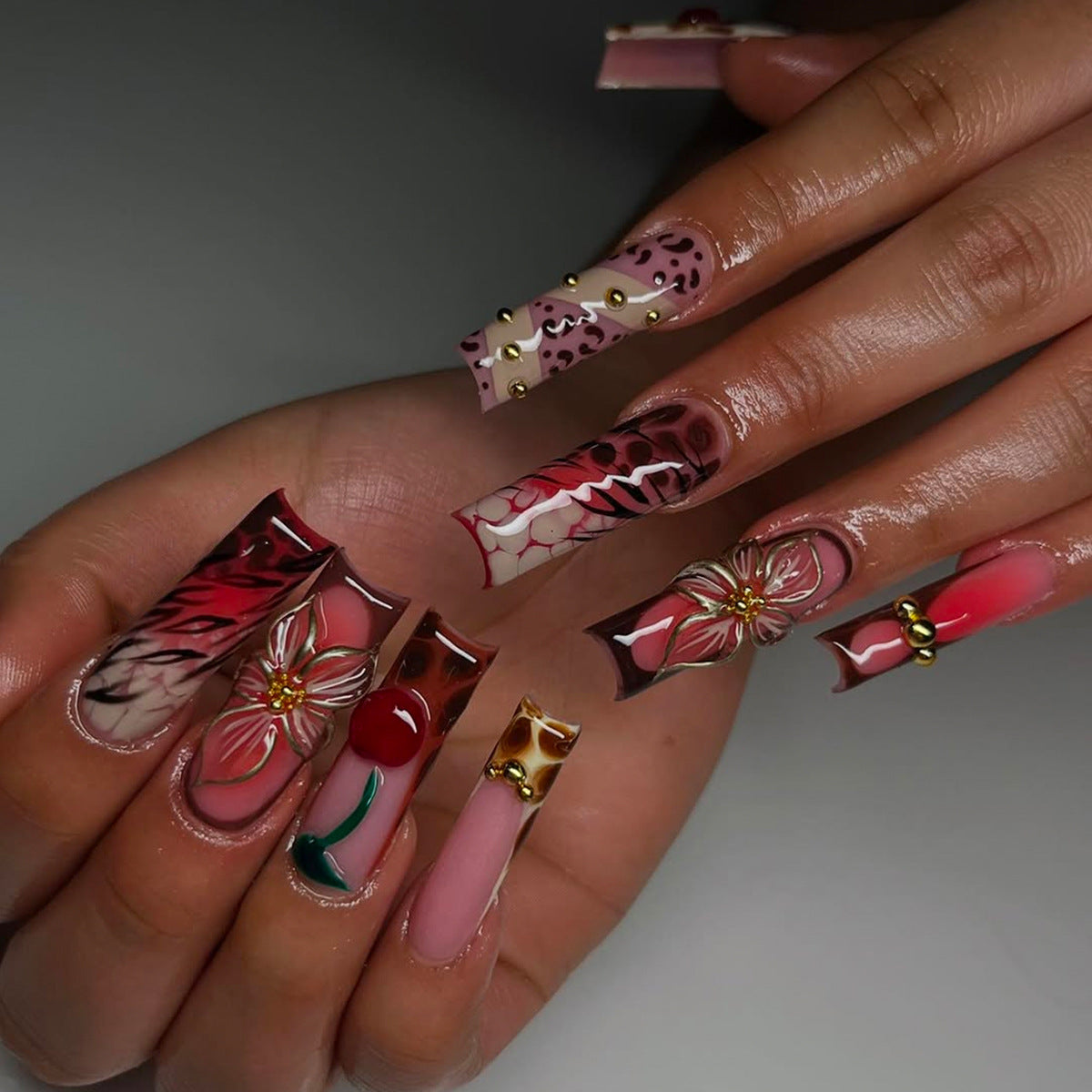 Tropical Elegance Long Square Pink Floral Press On Nail Set with Unique Three Dimensional Design