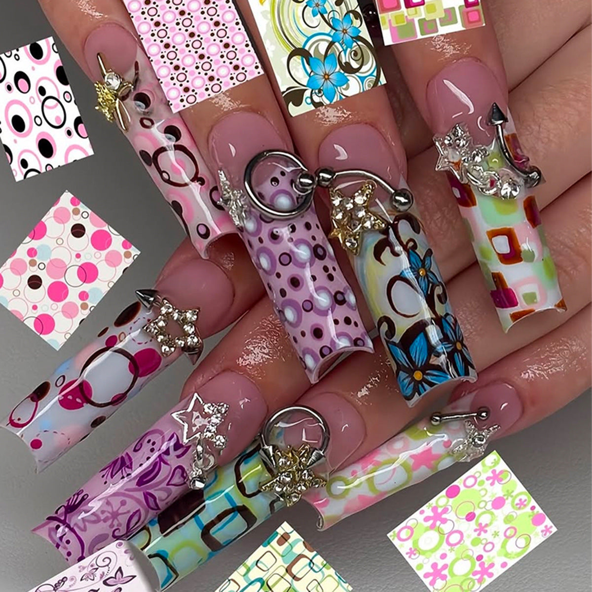 Whimsical Floral Design Long Square Multicolored Press On Nail Set with Unique Charms