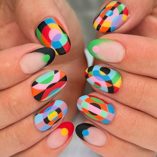 Artistic Vibe Medium Round Multicolor Geometric Pattern Press On Nail Set