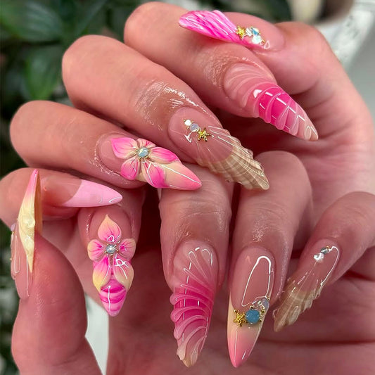 Tropical Elegance Medium Almond Pink Press On Nail Set with Artistic Floral Design