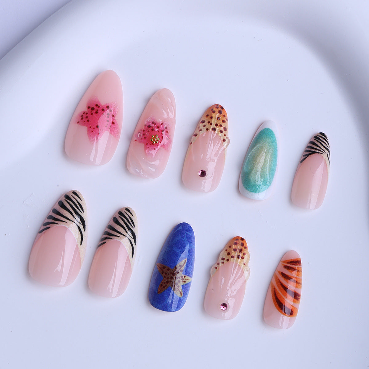 Tropical Paradise Long Almond Pink with Exotic Patterns Nail Set