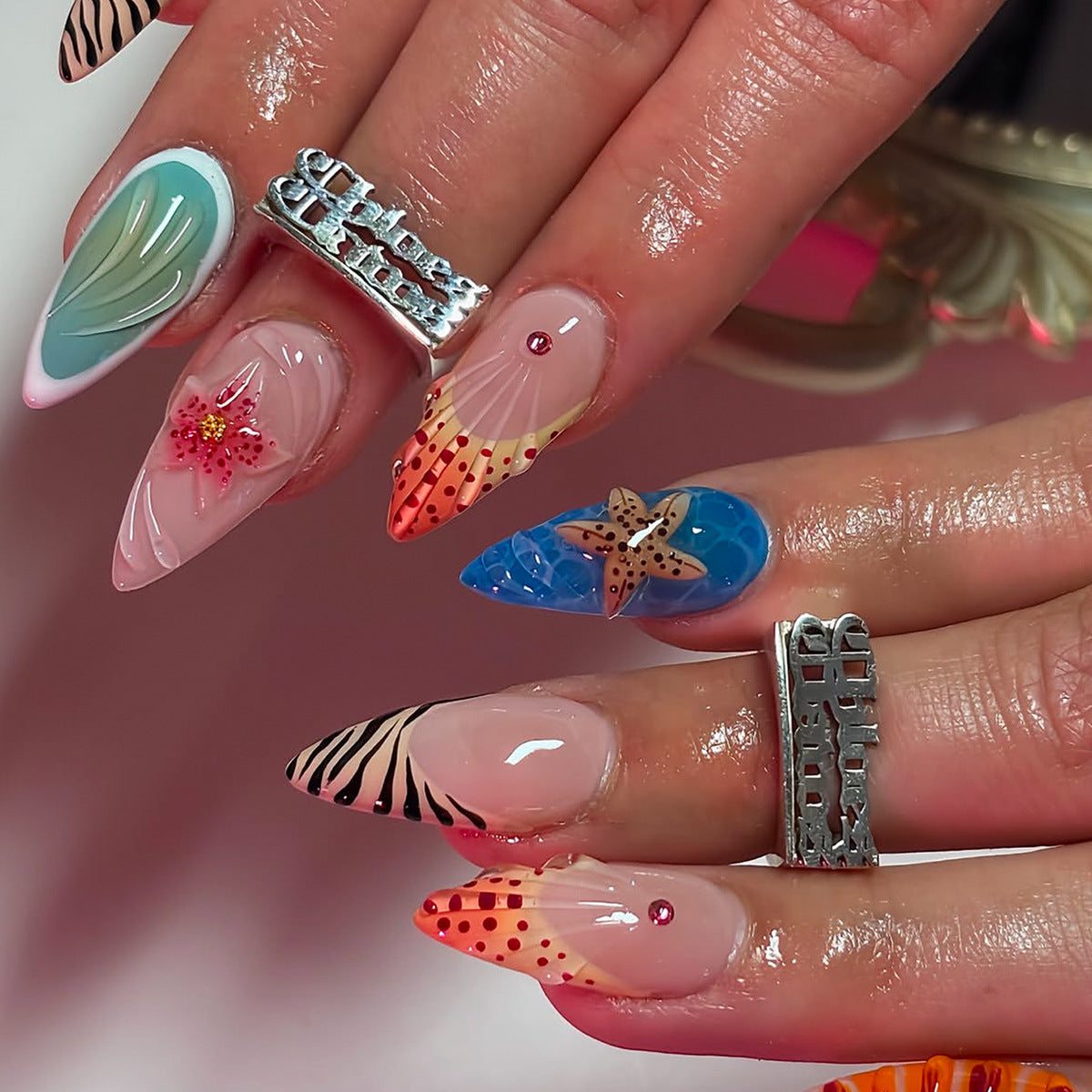 Tropical Vibes Medium Almond Multi-Color Press On Nail Set with Beach-Inspired Designs