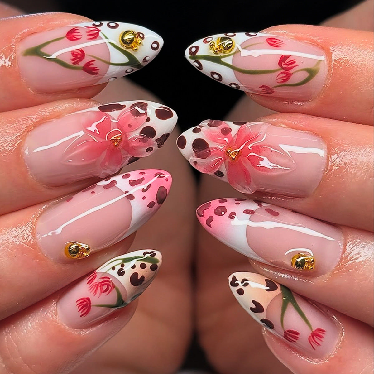 Blossom Inspired Medium Almond Pink Floral Nail Set with Gemstone Accents