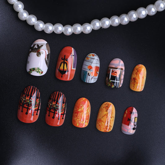 Artistic Autumn Short Oval Multicolor Watercolor Design Press On Nail Set