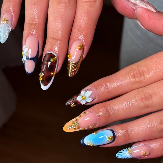 Tropical Vibes Medium Almond Light Blue with Floral Design Press On Nail Set
