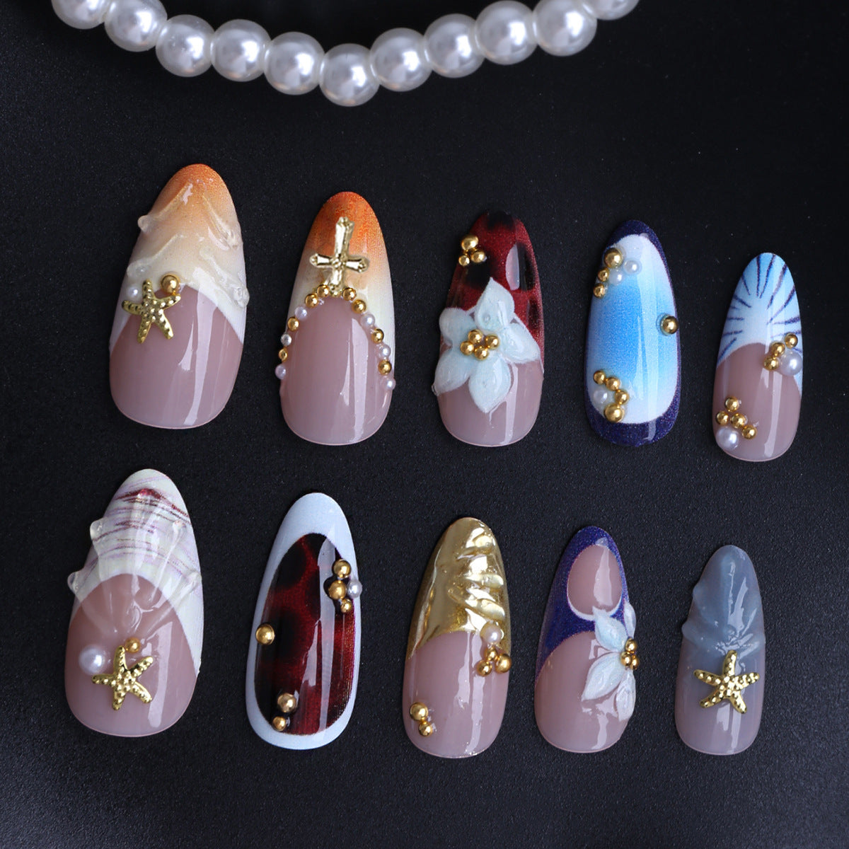 Seaside Elegance Medium Almond Multicolor Coastal Theme Press On Nail Set