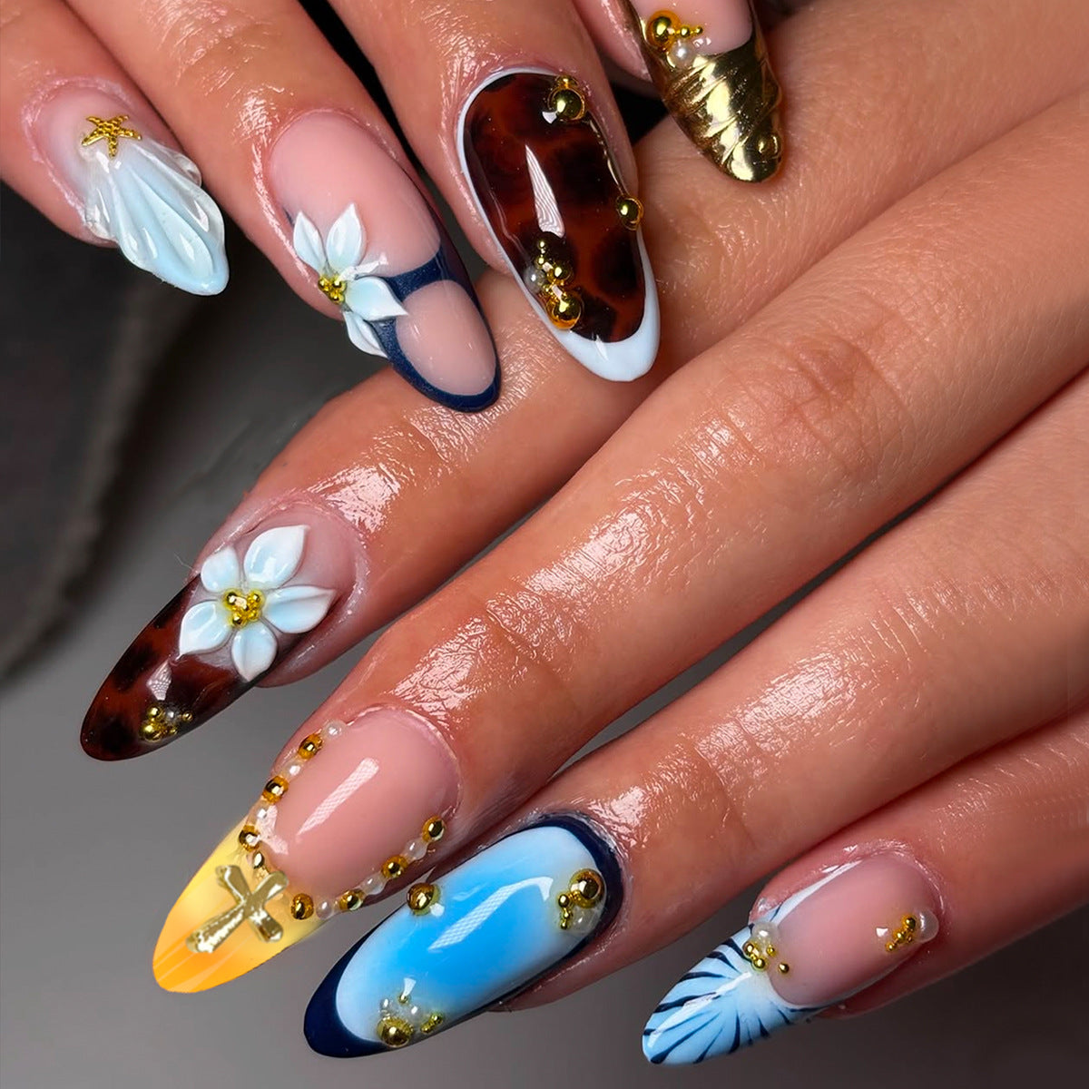 Tropical Paradise Medium Almond Blue with Elegant Gold Accents Nail Set