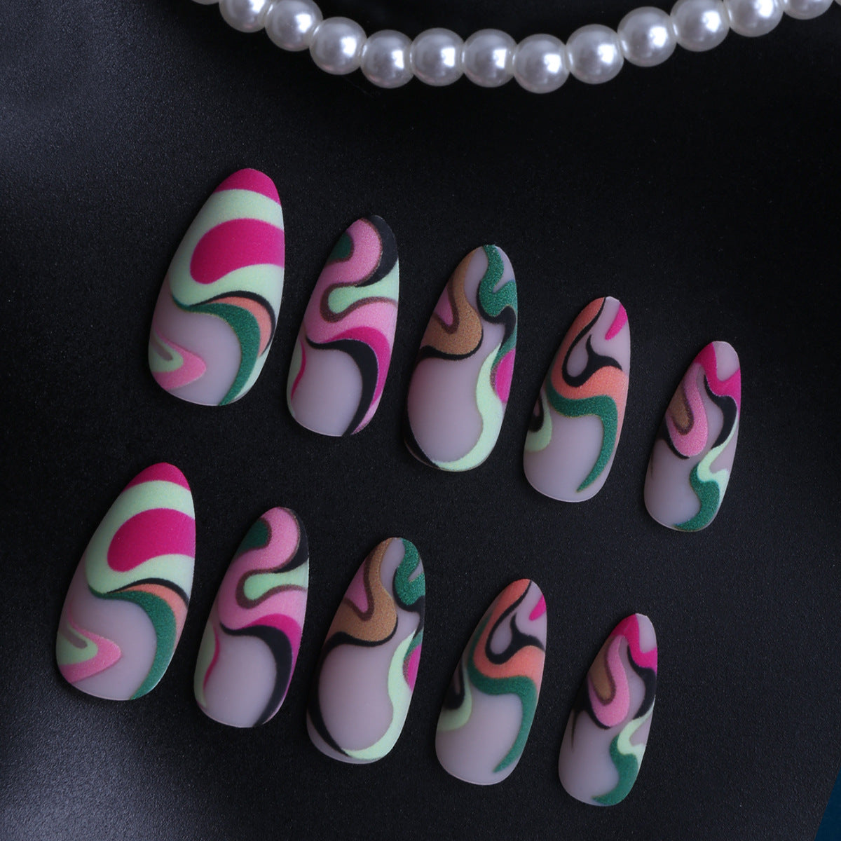 Whimsical Waves Medium Almond Multi-Colored Marble Effect Press On Nail Set