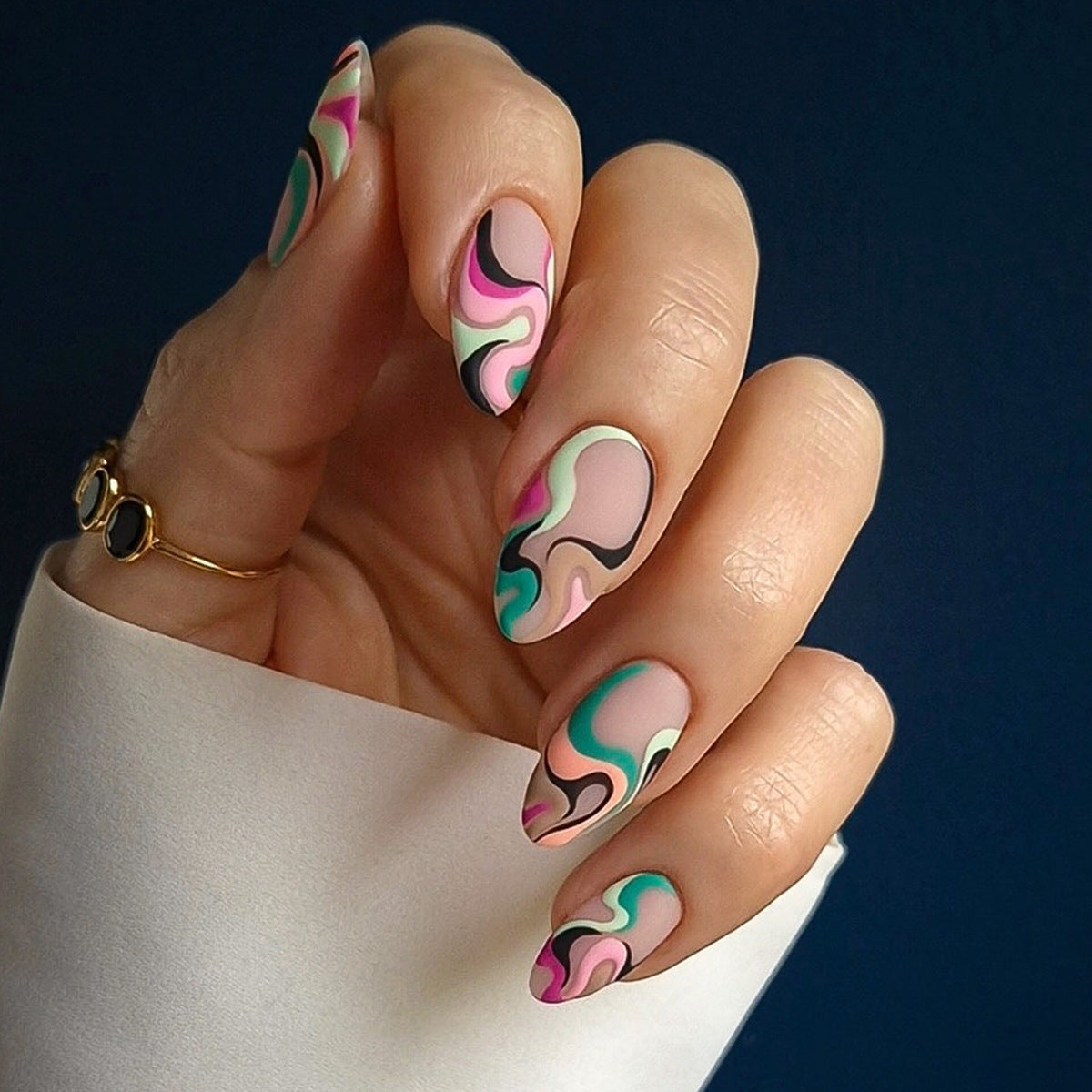 Whimsical Waves Medium Almond Multicolor Swirl Press-On Nail Set