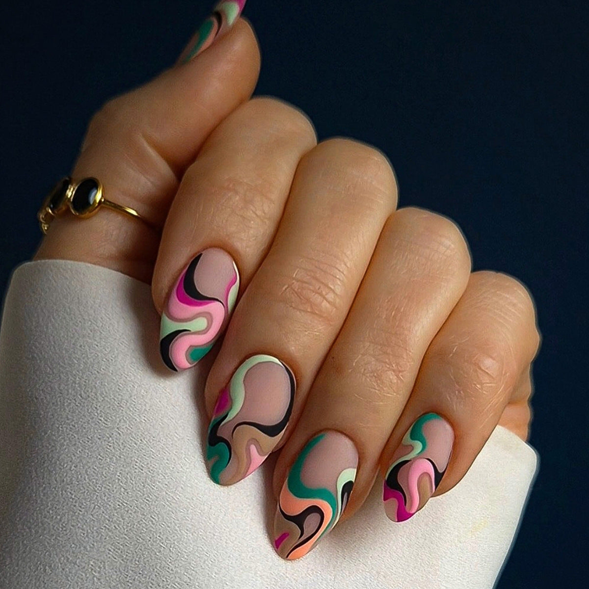 Vibrant Swirl Art Short Oval Matte Press On Nail Set