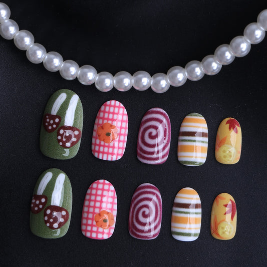 Whimsical Autumn Short Round Colorful Patterned Press On Nail Set