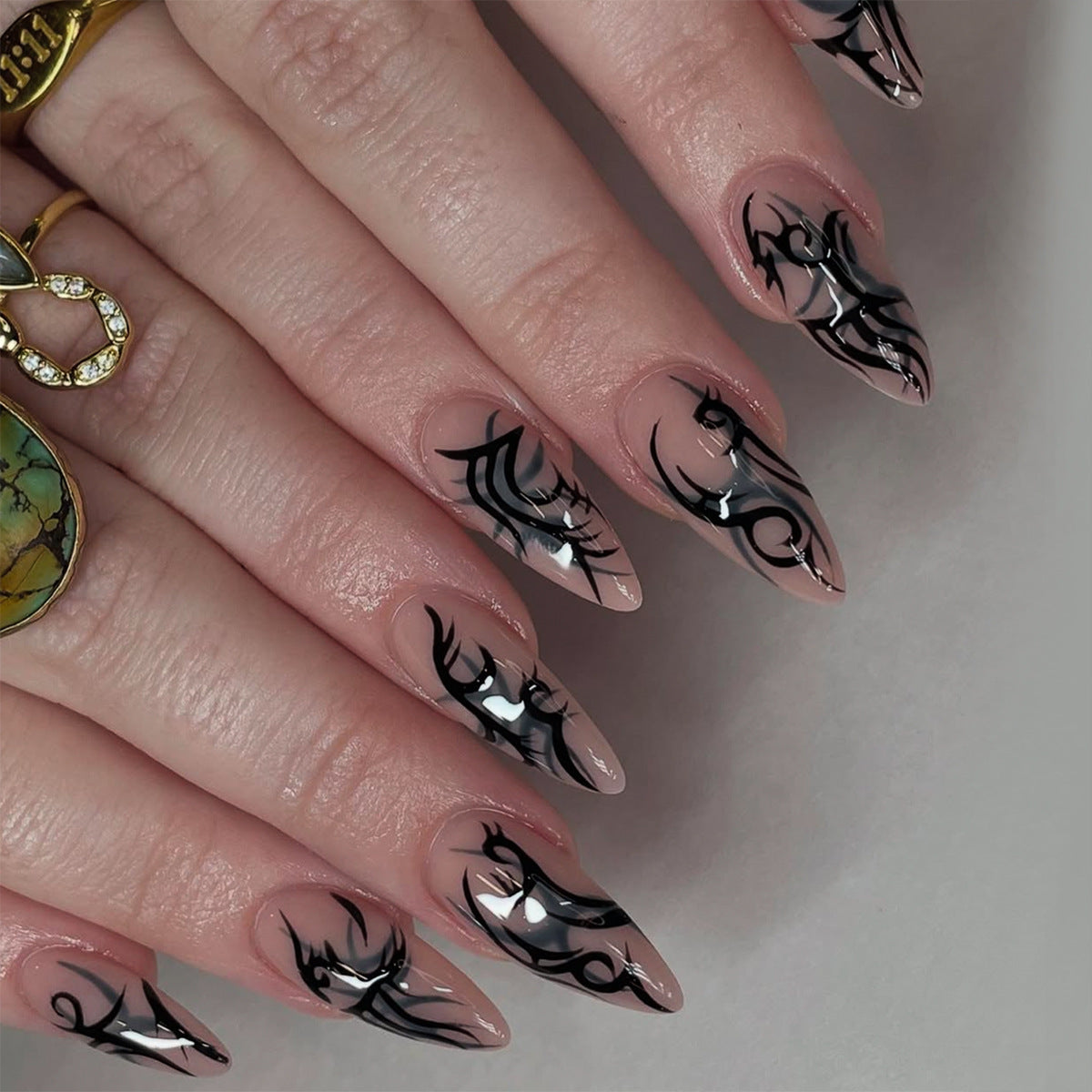 Mystical Elegance Medium Almond Transparent with Intricate Designs Press on Nail Set
