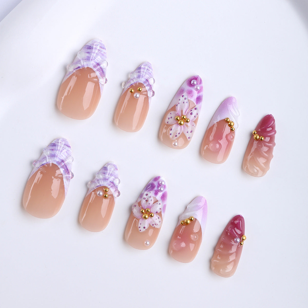 Whimsical Blossom Medium Almond Purple Floral Design Press-On Nail Set