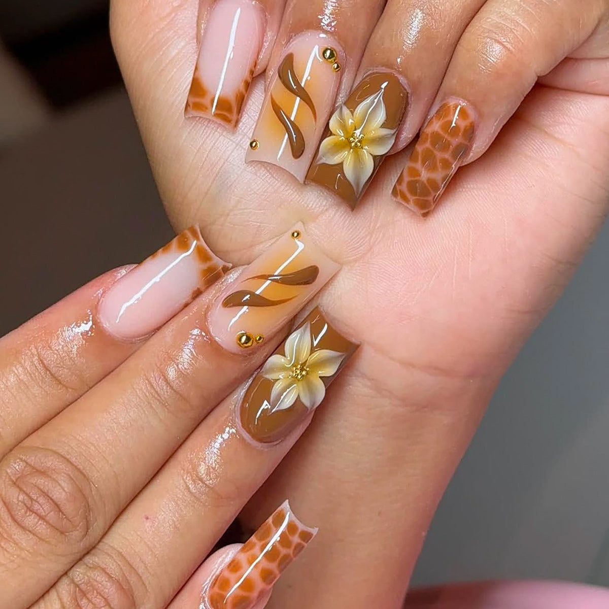 Savanna Chic Long Square Brown with Floral Accents Press On Nail Set