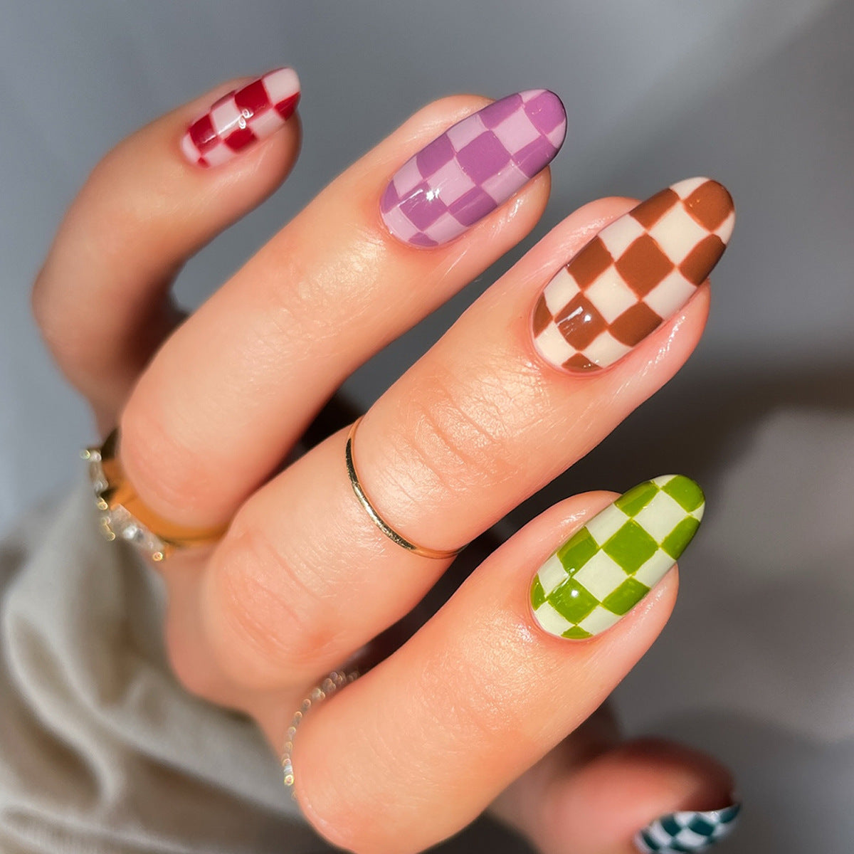 Charming Checkerboard Medium Almond Multicolor Press On Nail Set
