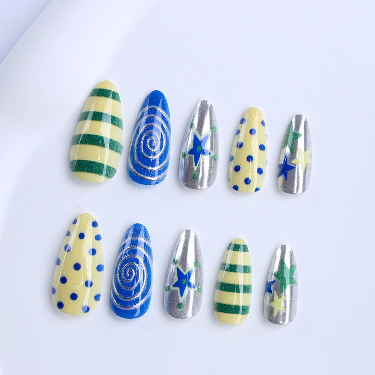 Whimsical Starry Night Medium Almond Blue and Yellow Colorful Press On Nail Set with Glitter Highlights