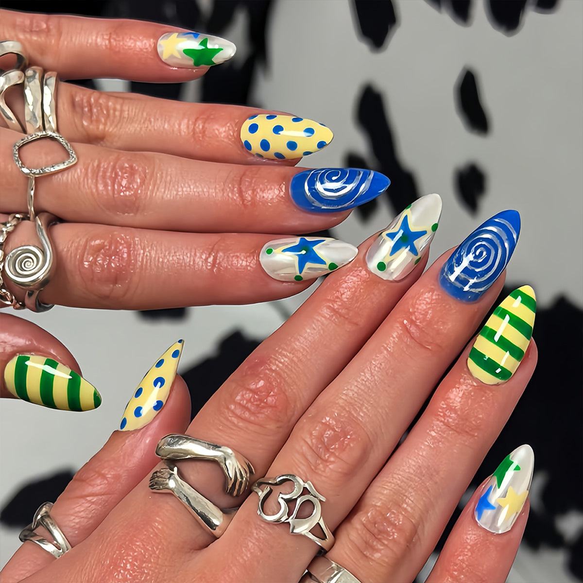 Whimsical Dreamscape Medium Almond Blue and Green Stripe Design Press on Nail Set