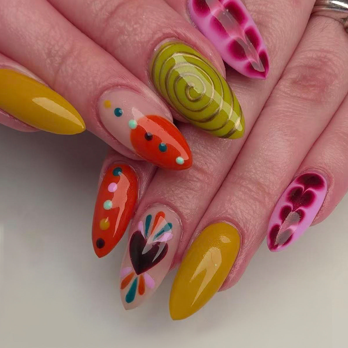 Vibrant Carnival Medium Almond Yellow Orange Green Multi-Design Press-On Nail Set