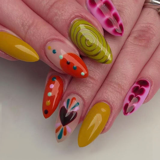 Vibrant Carnival Medium Almond Yellow Orange Green Multi-Design Press-On Nail Set