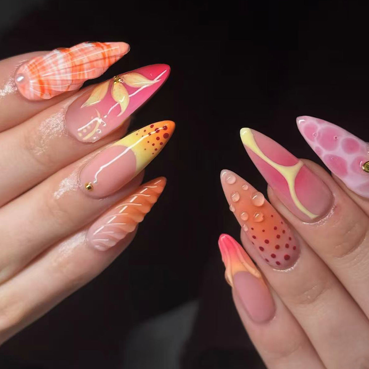Tropical Dream Medium Almond Pink Ombre with Unique Water Droplet Accents Press On Nail Set