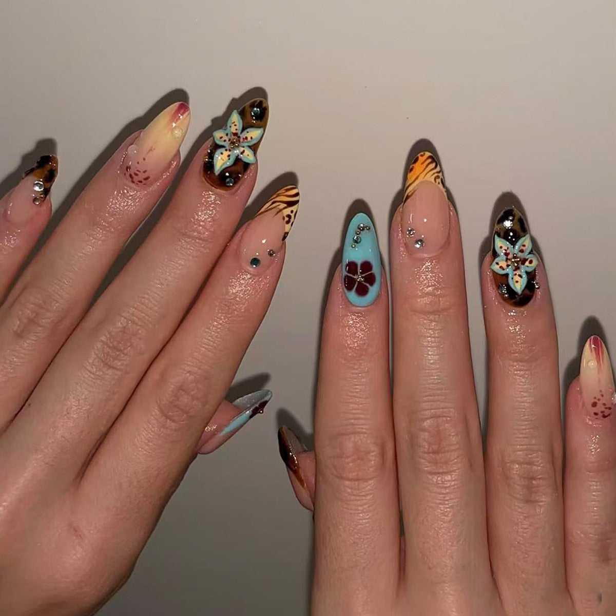 Tropical Paradise Medium Almond Colorful Floral Press-On Nail Set