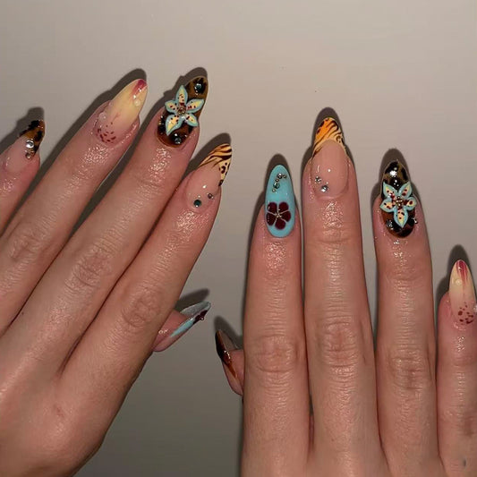 Tropical Paradise Medium Almond Colorful Floral Press-On Nail Set