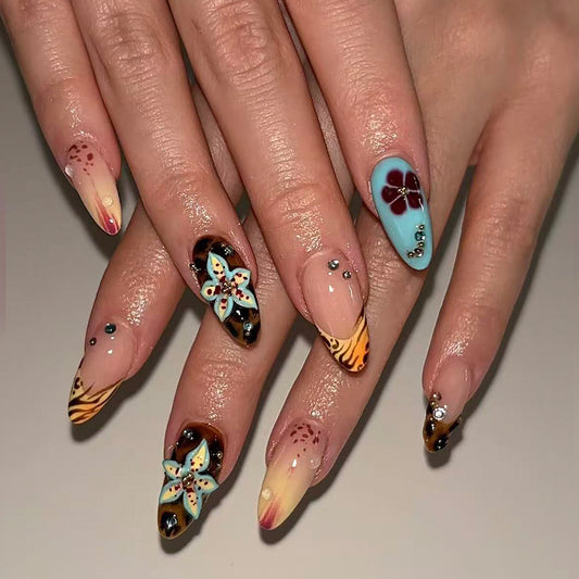 Tropical Vibes Medium Almond Multicolored Floral Design Press on Nail Set