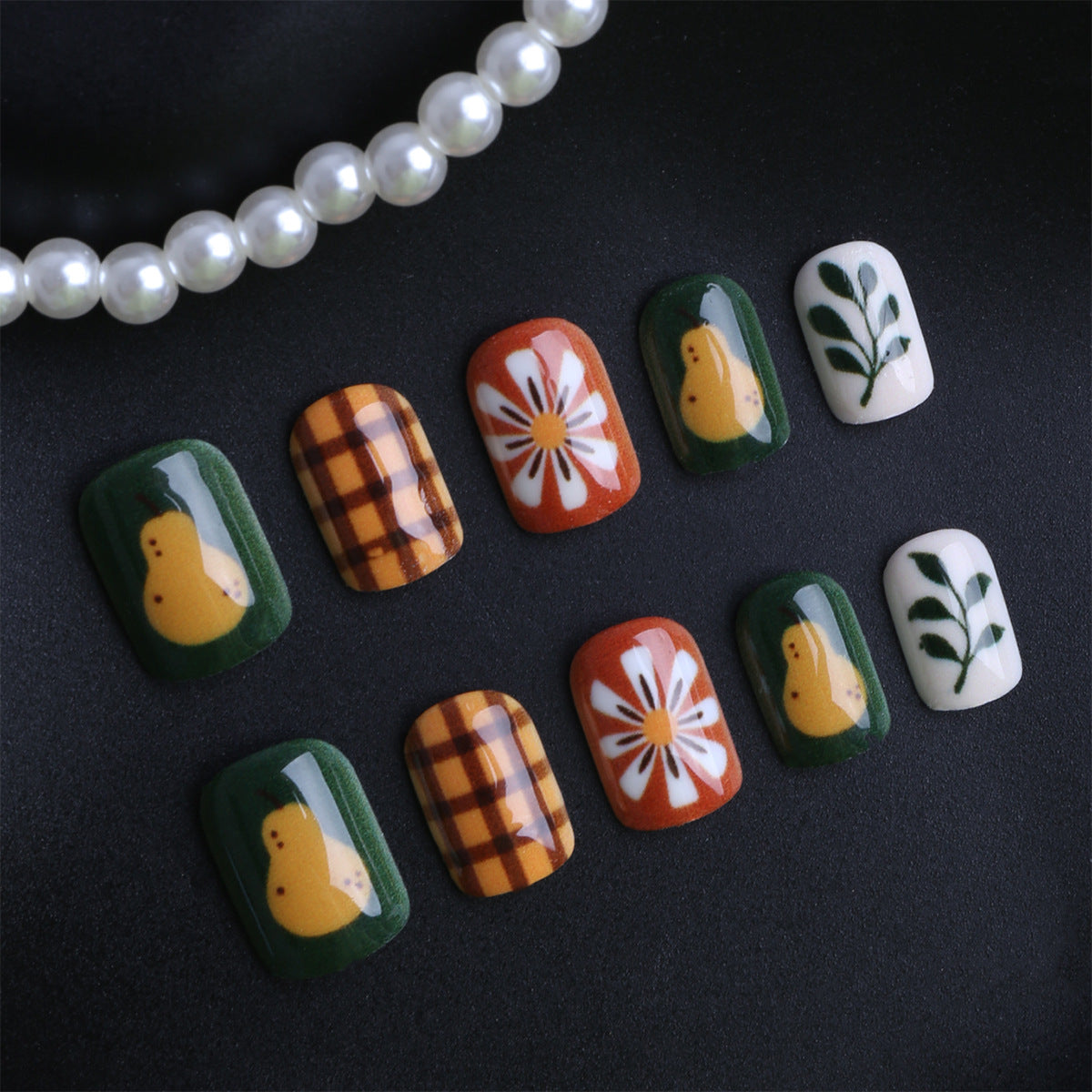 Autumn Bliss Short Square Green and Orange Floral Press on Nail Set