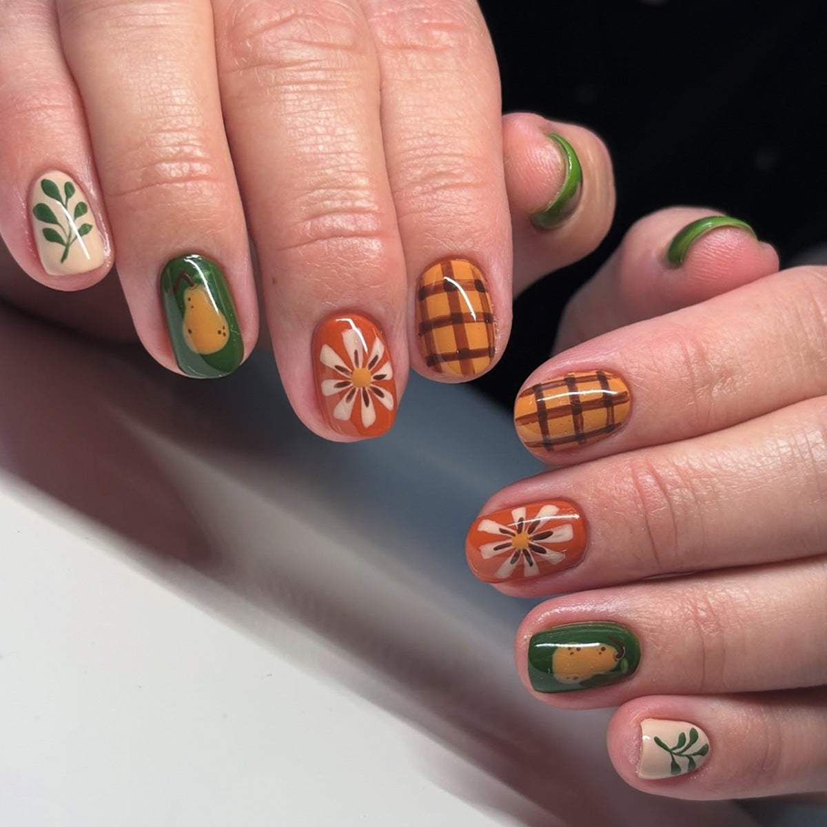 Autumn Delight Short Square Green and Orange Floral Press on Nail Set