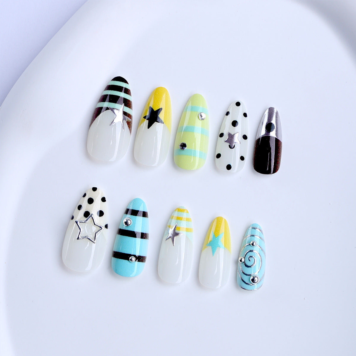 Celestial Vibes Medium Almond Aqua Yellow with Glitter Stars Press on Nail Set