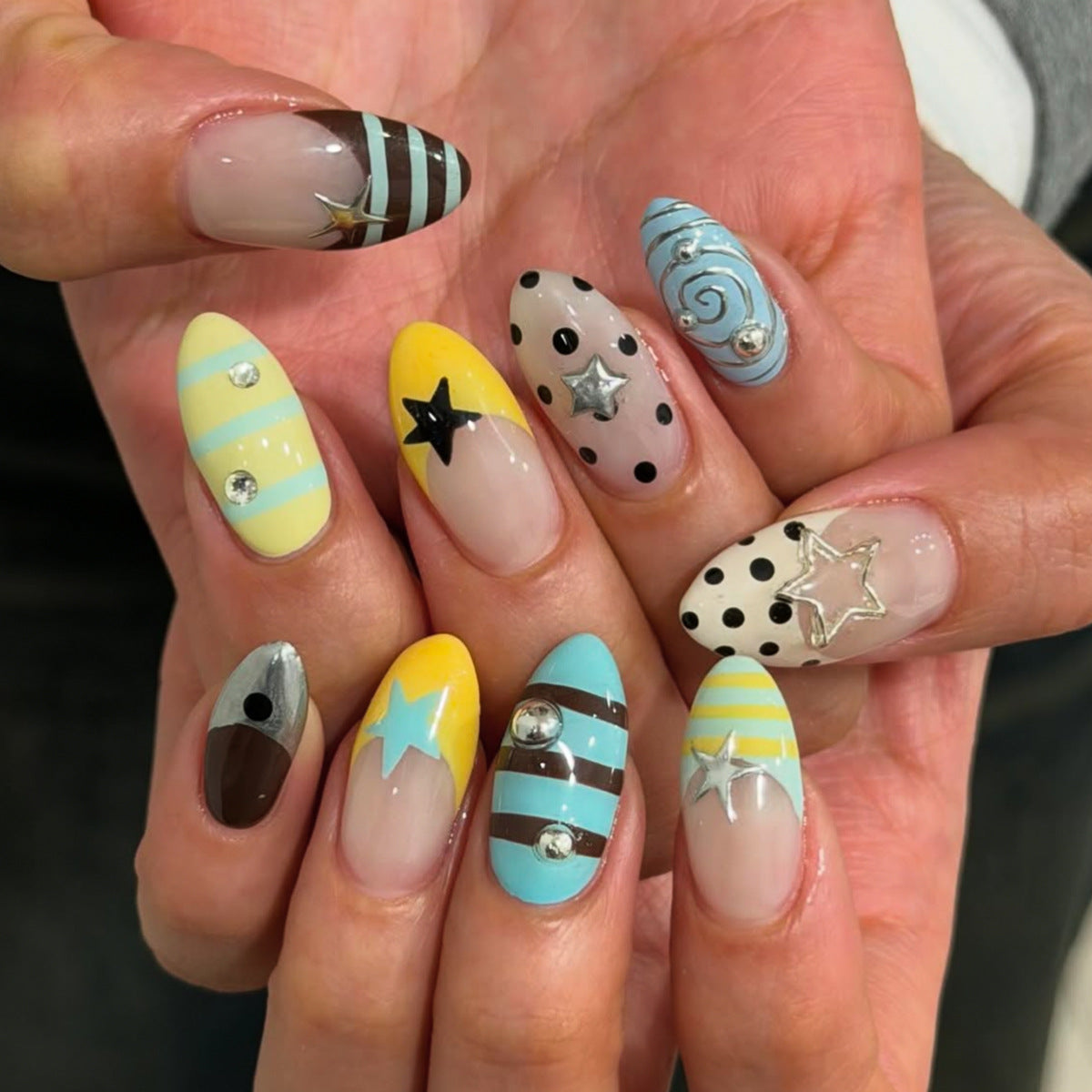 Starry Adventure Medium Almond Blue and Yellow with Decorative Gems Design Press On Nail Set
