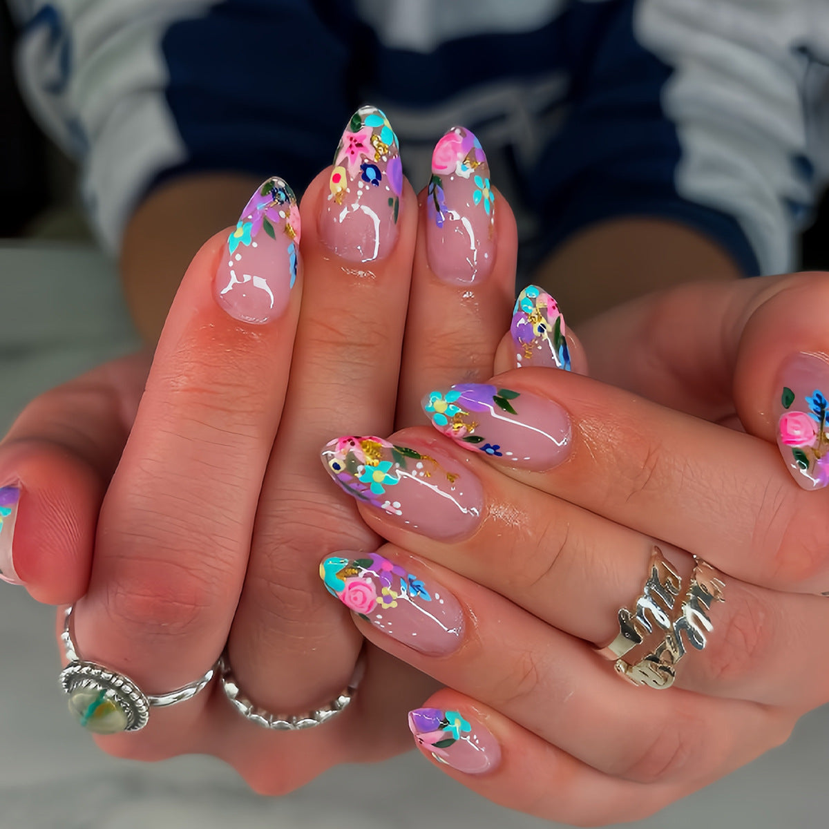 Floral Fairy Medium Almond Pink Press On Nail Set with Colorful Accents